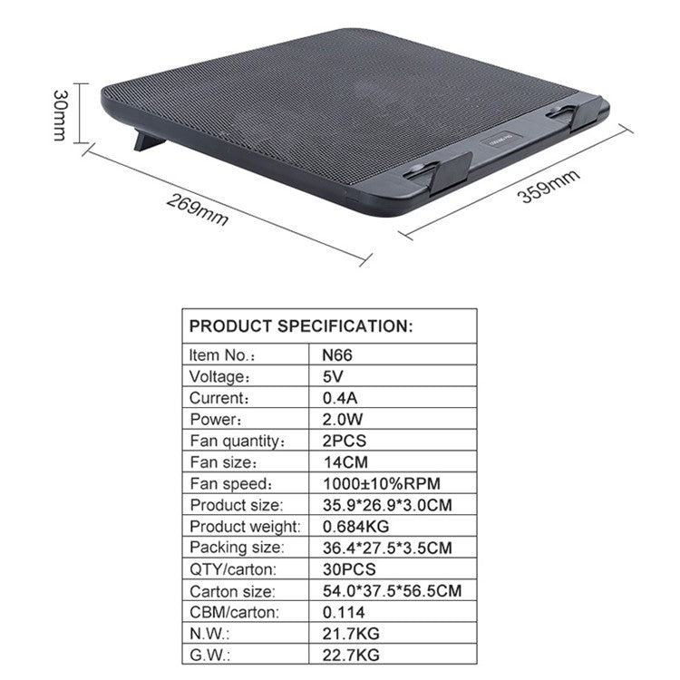 N66 Laptop Cooling Pad Dissipation Fan Notebook Computer Cooler Desk Laptop Riser Stand