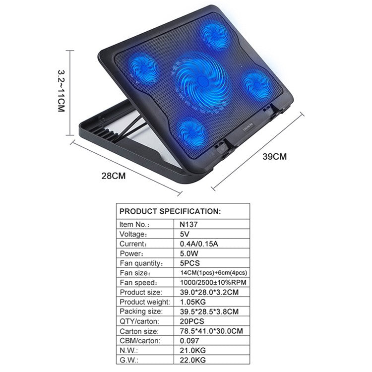 N137 Desktop 5 Cooling Fan Notebook Computer Cooling Pad Laptop Cooler with Adjustable Stand Function for Gaming Working