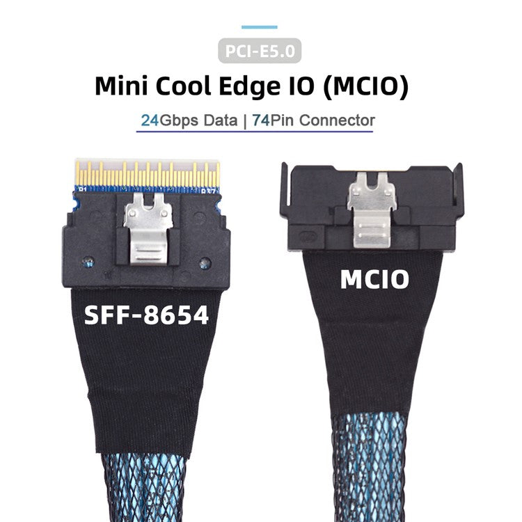 SF-075-BK 50cm PCI-E 5.0 Mini Cool Edge IO MCIO PCI-E Slimline 8i 74Pin Male to SFF-8654 SAS 4.0 74Pin Male Extender Cable