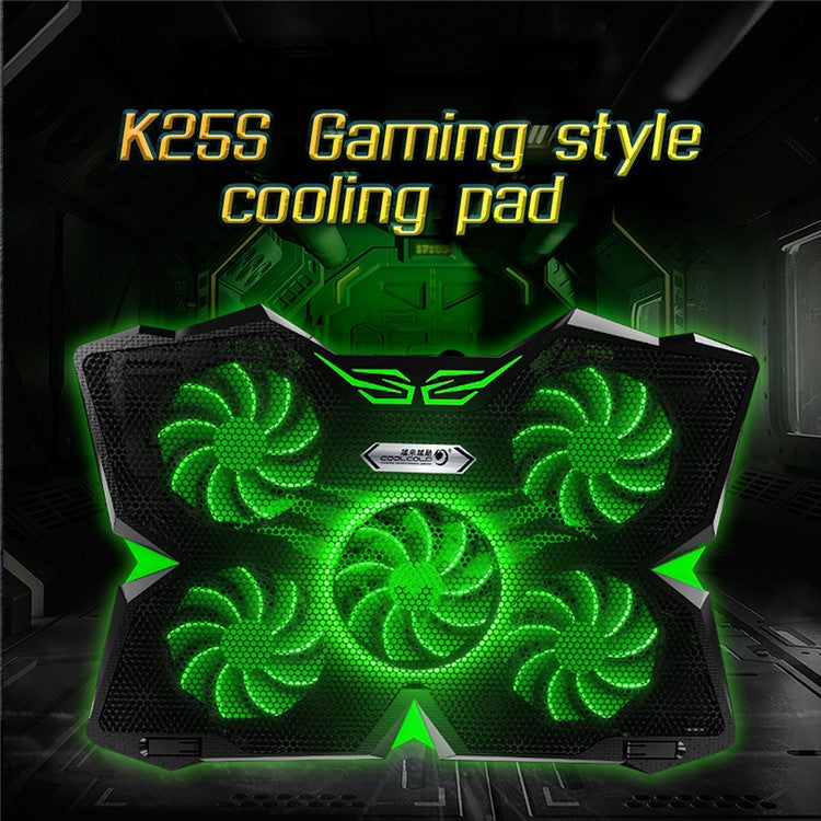 COOLCOLD Laptop Cooling Base with 5 Fans + 2 USB Ports Gaming Notebook Cooler Stand - Black+Green