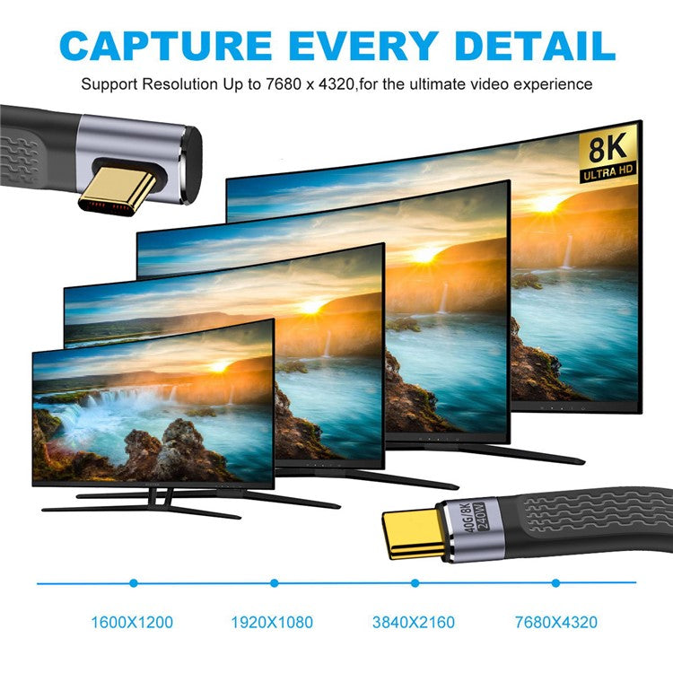 UC-002-0.13L 13cm Low Profile Angled 240W Type-C Male to Male USB4 40Gbps 100W 8K Flat FPC Data Cable for Laptop Phone