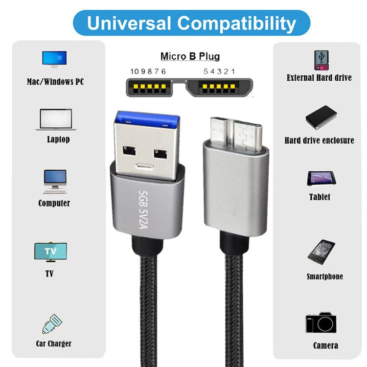 U3-075-MM 0.3m USB 3.0 Male to Micro 3.0 B Male Cable 5Gbps Data Transfer Converter for Disk SSD (Silver Shell)