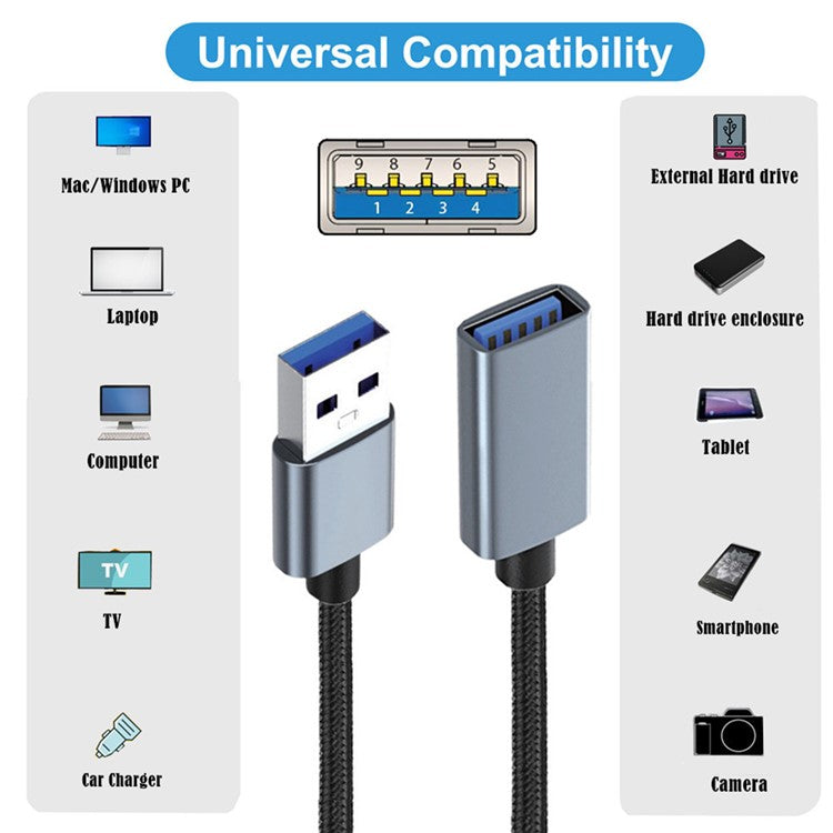 U3-075-AF 0.3m USB 3.0 Male to USB 3.0 Female Extension Cord 5Gbps Disk SSD Camera Data Cable (Silver Shell)