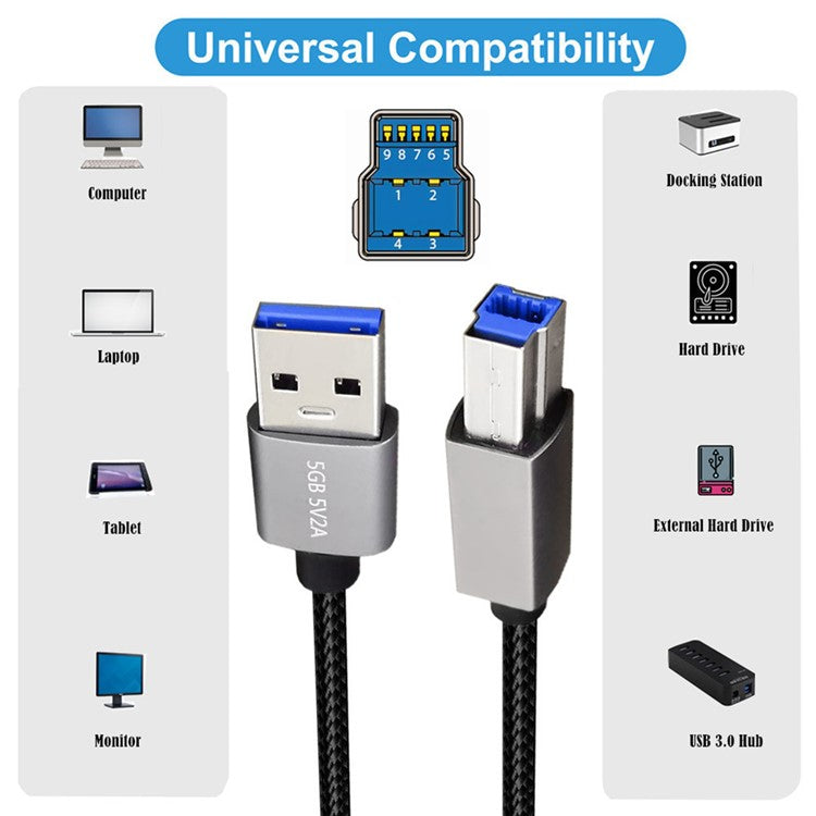 U3-075-BM 0.3m USB 3.0 Type-A Male to Standard 3.0 B Male Cable Silver Shell 5Gbps Data Transmission Adapter
