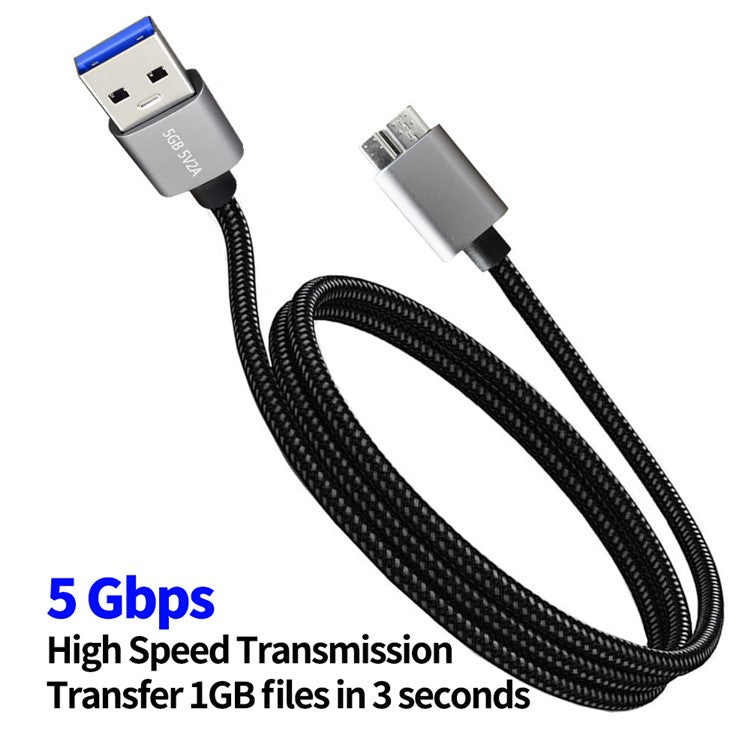 JUNSUNMAY 3m USB-A 3.0 Male to Micro-B Male Hard Drive Camera Data Cable Nylon Braided Cord