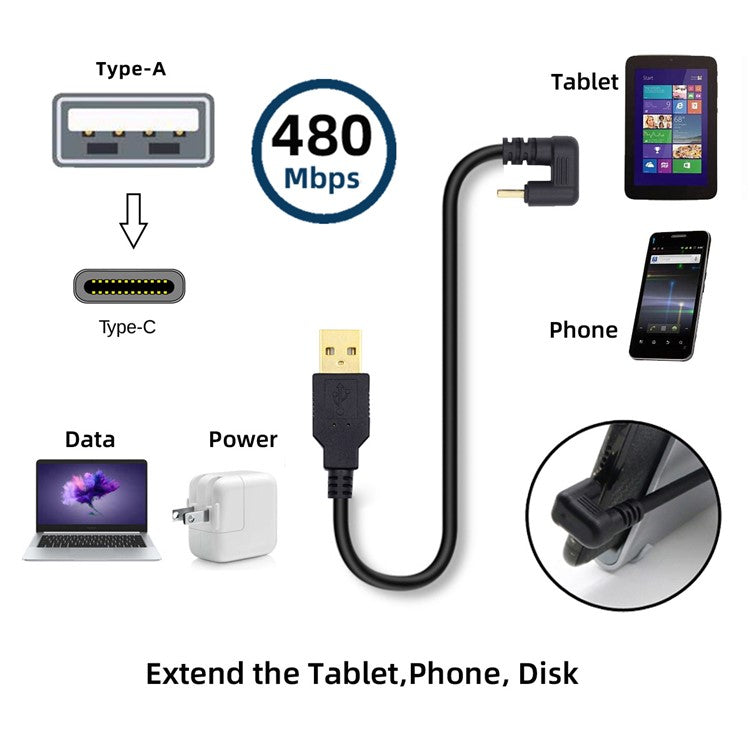 UC-023-OS 1m USB2.0 Type A to Type C Opposite U Shape Back Angled 480Mbps Power Data Cable