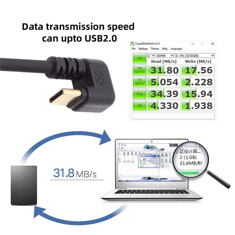 UC-023-OS 1m USB2.0 Type A to Type C Opposite U Shape Back Angled 480Mbps Power Data Cable
