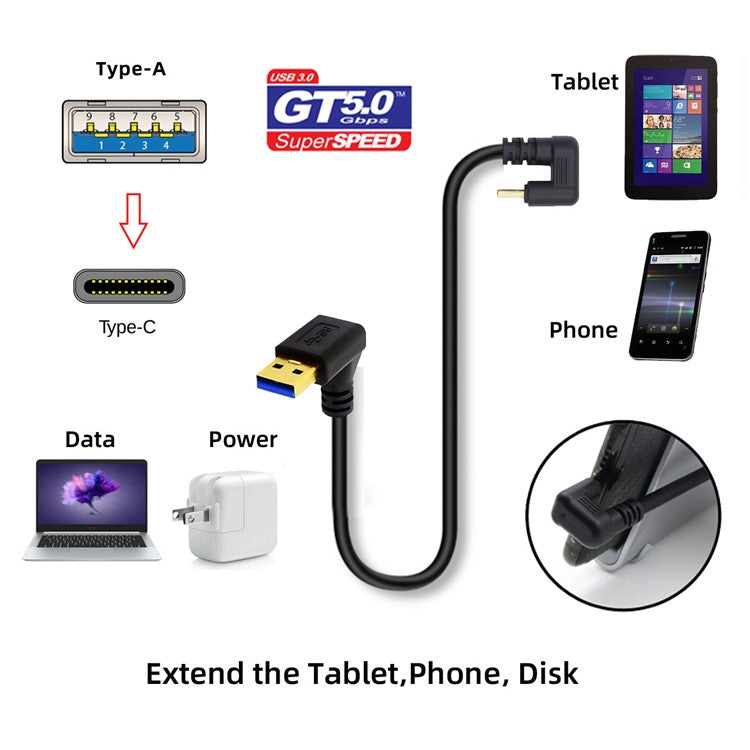 UC-101-DN 0.3m USB3.0 Type-A to USB-C Power Data Cable 90-degree Down Opposite U Shape Type