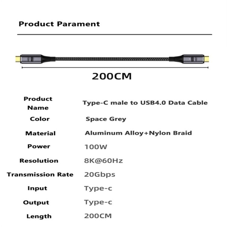 2m PD 100W 5A USB4.0 Front-Angled Magnetic Charging Cable 8K / 60hz Type-C to Type-C 20Gbps Data Cable