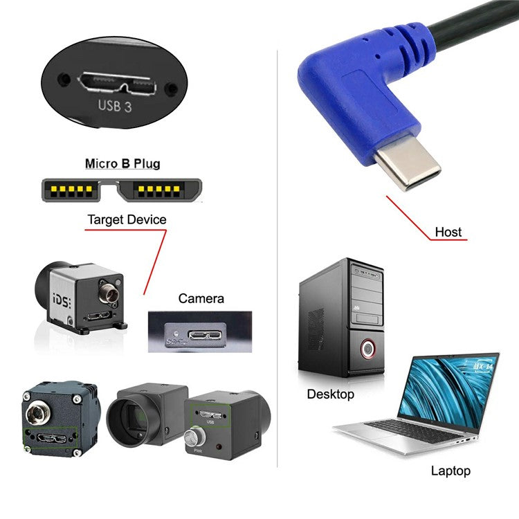 UC-166 30cm USB-C Male to Micro-B USB3.0 Male 90-Degree Right Angled Cable for Industrial Camera