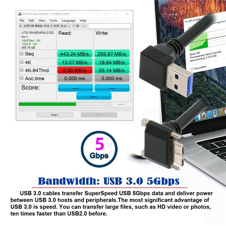 U3-078-DN 90 Degree Down Angled USB 3.0 A Male to Micro-B 3.0 Plug Angled Locking Screw Panel Cable 25cm