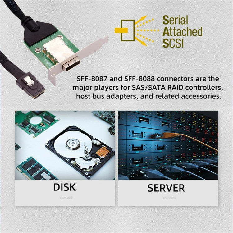 SF-083-36PIN Internal Mini SAS SFF-8087 Male to External SFF-8088 Female Extension Cable PCBA with Low Profile Bracket