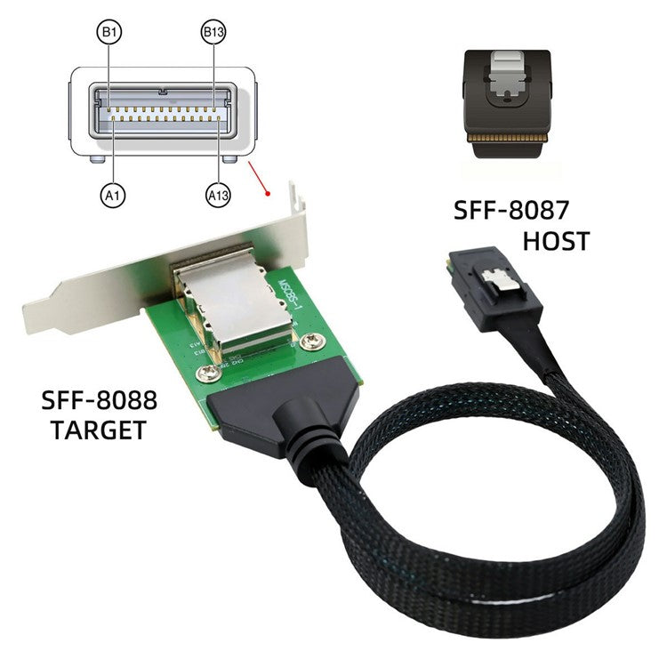 SF-083-36PIN Internal Mini SAS SFF-8087 Male to External SFF-8088 Female Extension Cable PCBA with Low Profile Bracket