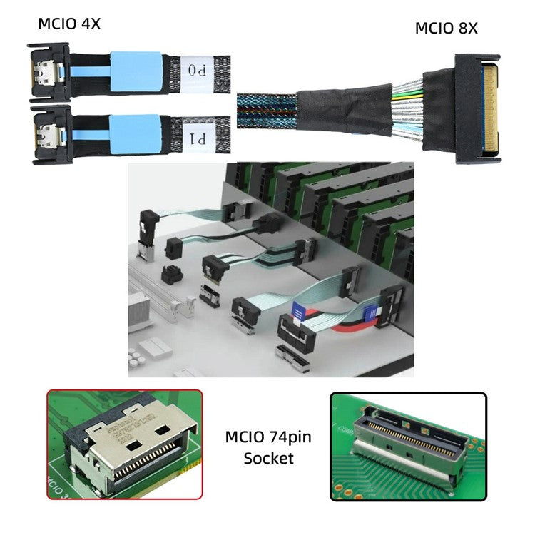 SF-080 PCI-E 5.0 Mini Cool Edge IO MCIO STR PCI-E 8i 74Pin Male to Dual MCIO 38Pin Male Extender Cable 50cm