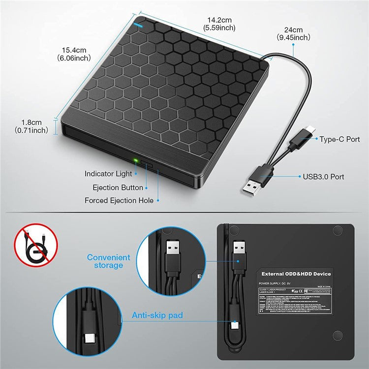 042 Football Pattern USB3.0 / Type-C Computer Laptop External Optical Drive Burner High Speed DVD Burner