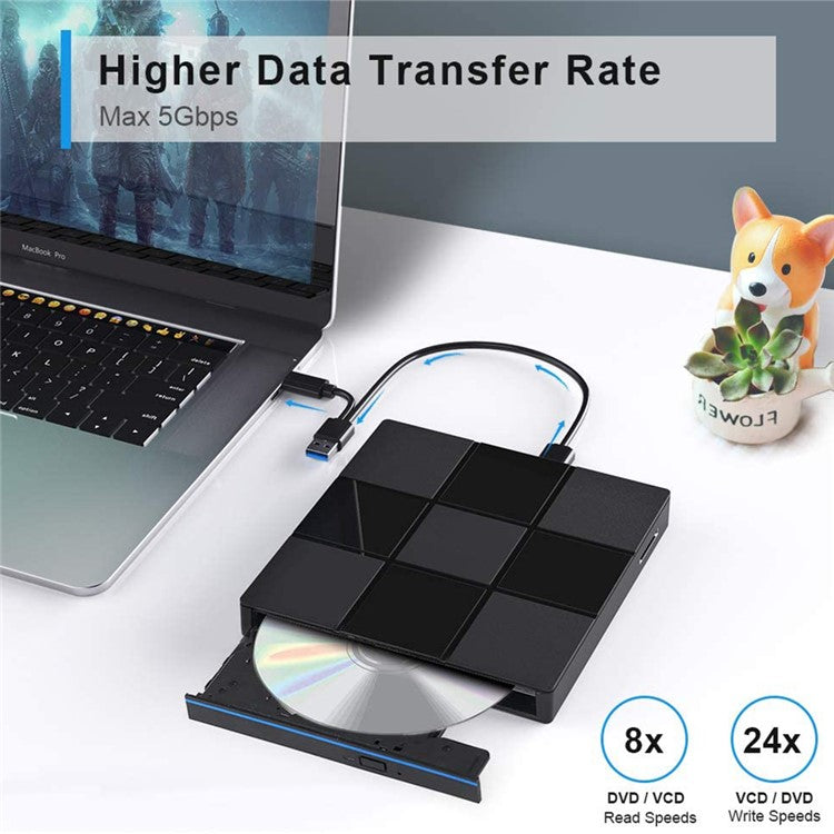 009 External DVD Drive USB 3.0+Typle C Adapter with USB Port for Laptop Computer