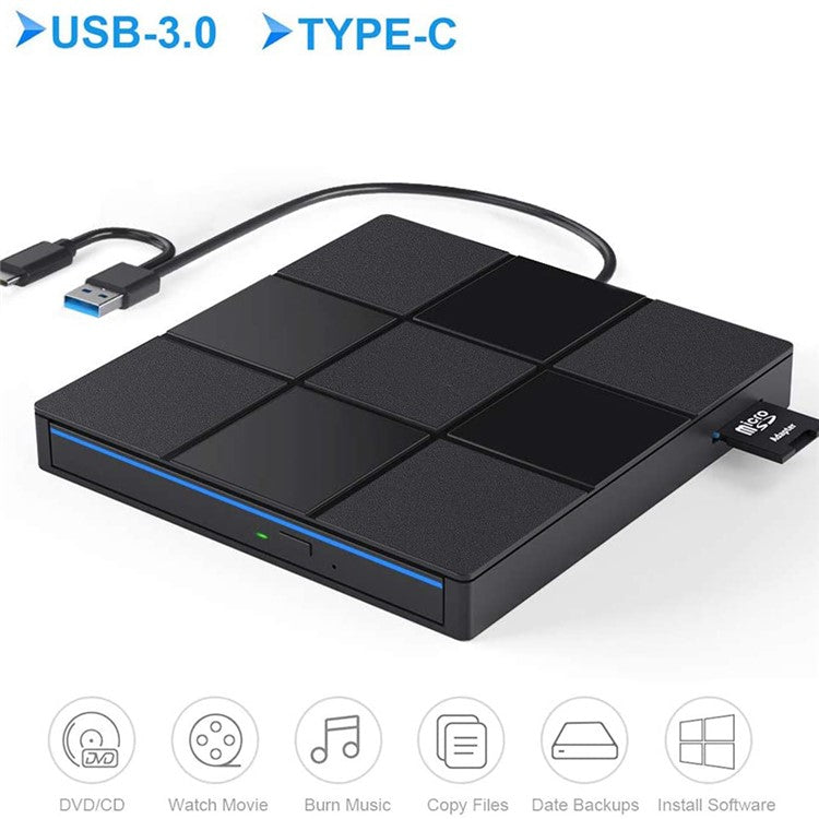 009 External DVD Drive USB 3.0+Typle C Adapter with USB Port for Laptop Computer