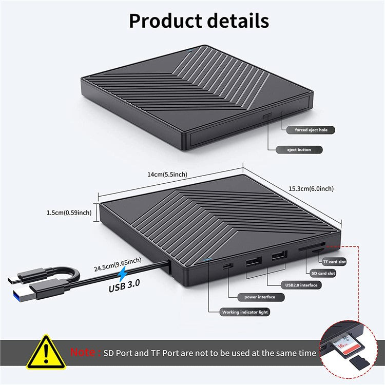 External CD / DVD+ / -RW Drive Writer Reading Burner with TF / SD Card Slot for Windows / Mac OS
