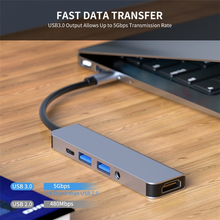 ENKAY HAT PRINCE 5-in-1 USB-C Hub Docking Station Type-C to HD 4K Dual USB3.0 3.5mm Audio Jack PD 60W Fast Charging