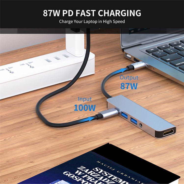 ENKAY HAT PRINCE 5-in-1 USB-C Hub Docking Station Type-C to HD 4K Dual USB3.0 3.5mm Audio Jack PD 60W Fast Charging