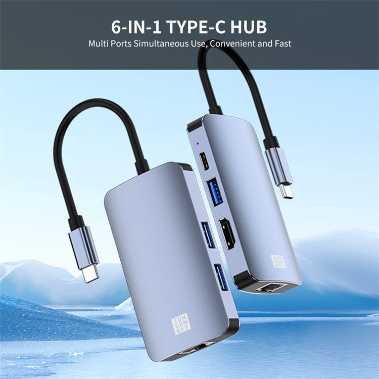JUNSUNMAY JSM-HUB003 Type-C Hub Adapter 6-in-1 USB-C Docking Station Splitter Support 4K HD Video, 100Mbps, 87W PD Charging Converter