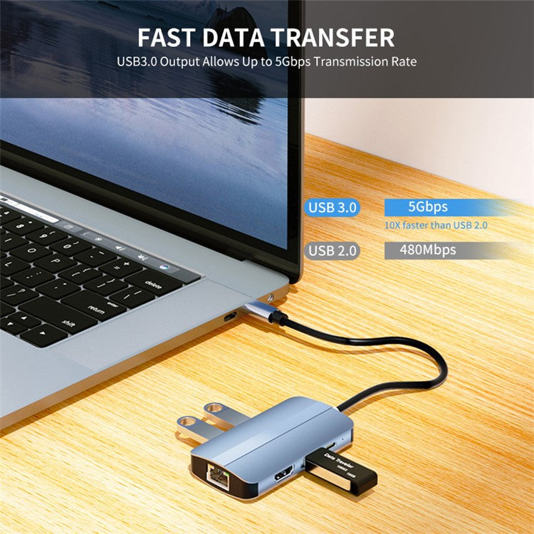JUNSUNMAY JSM-HUB003 Type-C Hub Adapter 6-in-1 USB-C Docking Station Splitter Support 4K HD Video, 100Mbps, 87W PD Charging Converter