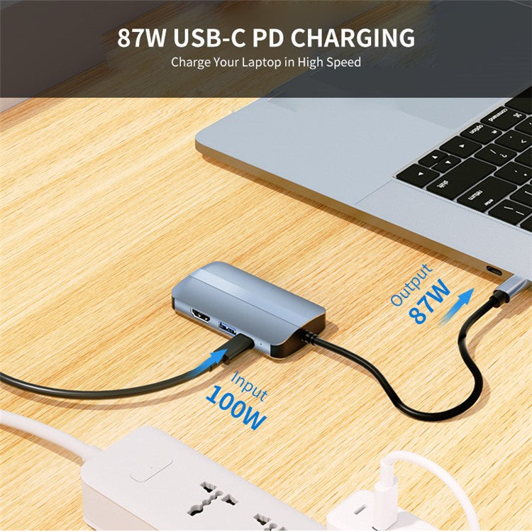 JUNSUNMAY JSM-HUB003 Type-C Hub Adapter 6-in-1 USB-C Docking Station Splitter Support 4K HD Video, 100Mbps, 87W PD Charging Converter