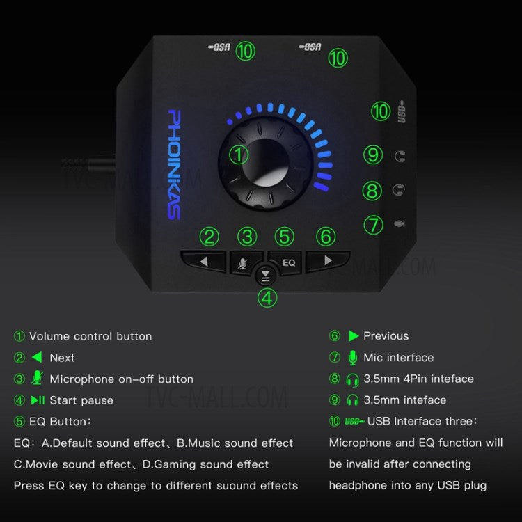 PHOINIKAS T10 Multi-function External Sound Card Independent Drive-free Computer Converter Hub
