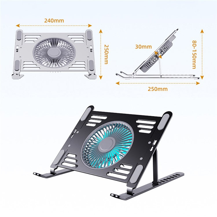 R-JUST HZ44 Foldable Height Adjustable Laptop Cooling Fan Base Metal Notebook Cooler Stand - Black