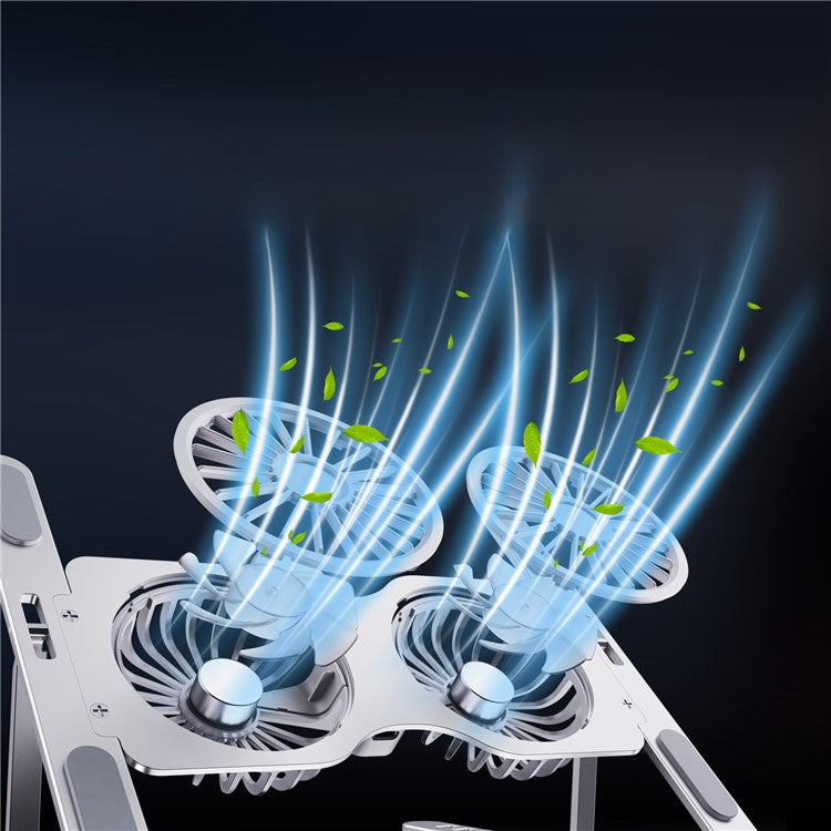 R-JUST HZ45 Foldable Height Adjustable Dual Fan Laptop Cooling Stand Notebook Metal Cooler - Silver