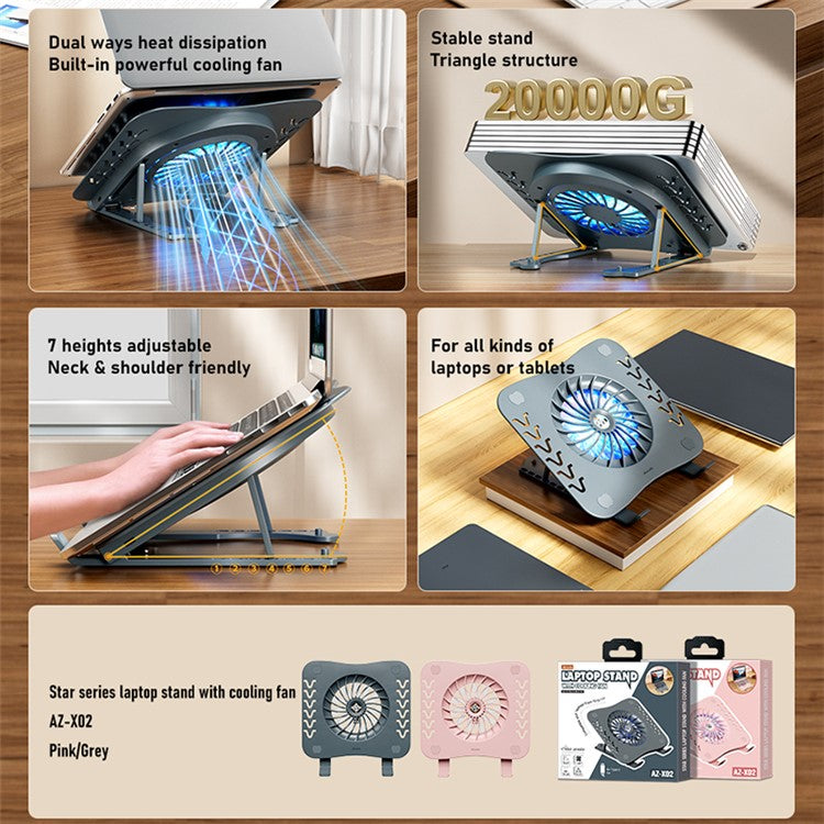 AZEADA AZ-X02 Folding Notebook Cooling Pad 7 Height Adjustable Laptop Tablets Stand with Cooling Fan - Grey
