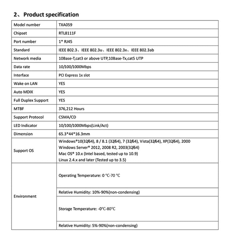 TXA059 Realtek RTL8111E Network Card Desktop PC 1000Mbps PCIE Gigabit Network Card