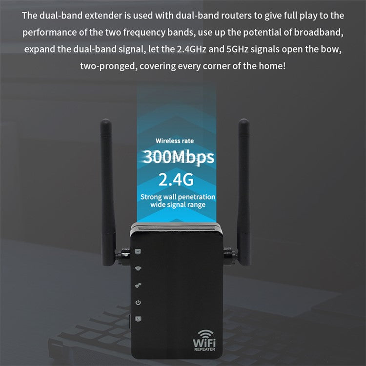 300Mbps Wireless N Range Extender 2 Port WiFi Repeater Router Signal Booster Extender Signal Amplifier for Home Travel - Black/EU Plug