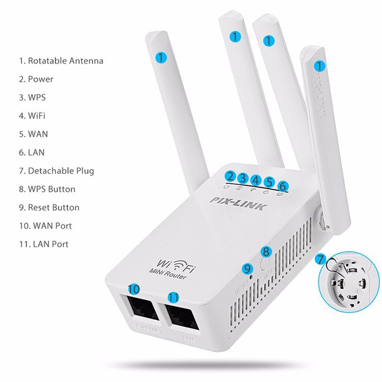 PIX-LINK WiFi Range Extender WIFI Signal Booster 300Mbps Internet Booster Easy Setup Wireless Repeater - UK Plug