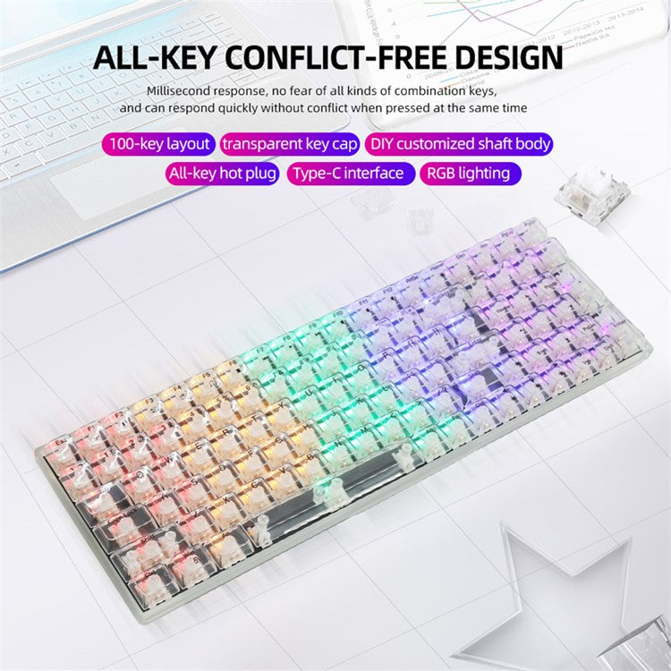 Y-FRUITFUL K10 Mechanical 100-Key Type-C Wired Keyboard with Clear Keycap - Transparent White