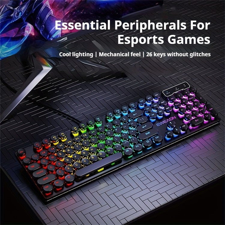 EWEADN GX30 Retro Punk Computer Laptop Keyboard USB Wired Backlit Gaming Keyboard - Black / Rainbow Light