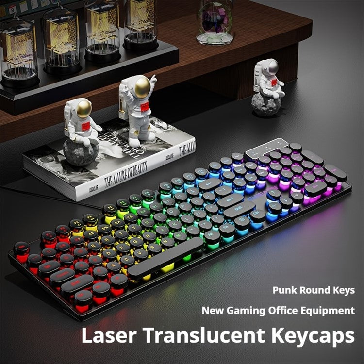 EWEADN GX30 Retro Punk Computer Laptop Keyboard USB Wired Backlit Gaming Keyboard - Black / Ice Blue Light