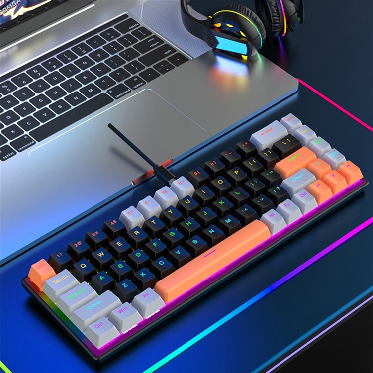 Y-FRUITFUL K68 Color Splicing Wired Keyboard 68-Key RGB Backlit Computer Office Gaming Keyboard - Orange+Grey+Black