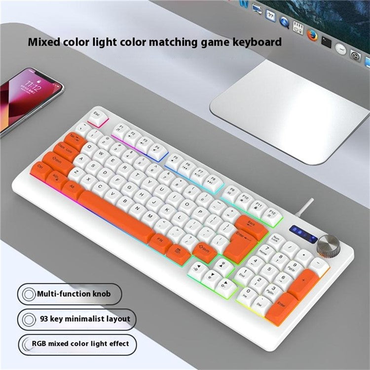 Y-FRUITFUL K93 Color Splicing Wired Keyboard 93-Key RGB Light Office Gaming Computer Keyboard - Blue+White