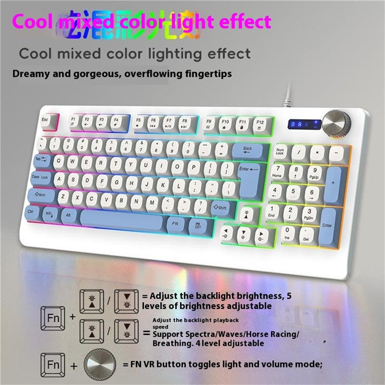 Y-FRUITFUL K93 Color Splicing Wired Keyboard 93-Key RGB Light Office Gaming Computer Keyboard - Blue+White
