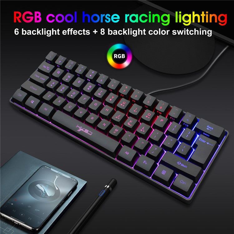 HXSJ V700 61 Keys USB Wired Gaming Keyboard with Colorful Backlight for Computer Desktop Laptop PC - Black