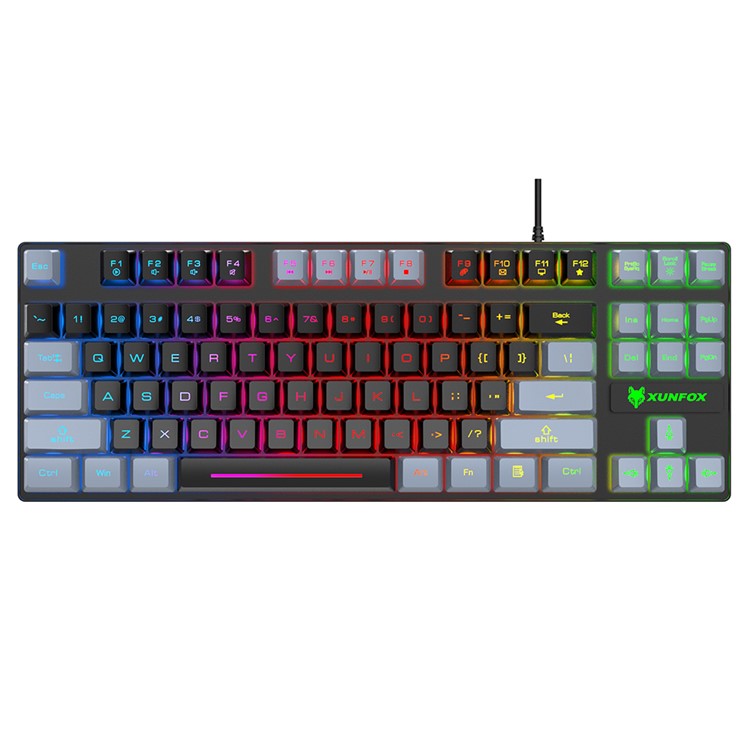 XUNFOX K10 USB Wired Mechanical Hand-Feel Keyboard 87 Keys Gamer Keyboard with Colorful Backlight - Black / Grey