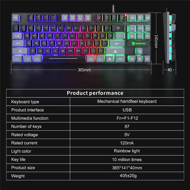 XUNFOX K10 USB Wired Mechanical Hand-Feel Keyboard 87 Keys Gamer Keyboard with Colorful Backlight - Black / Grey