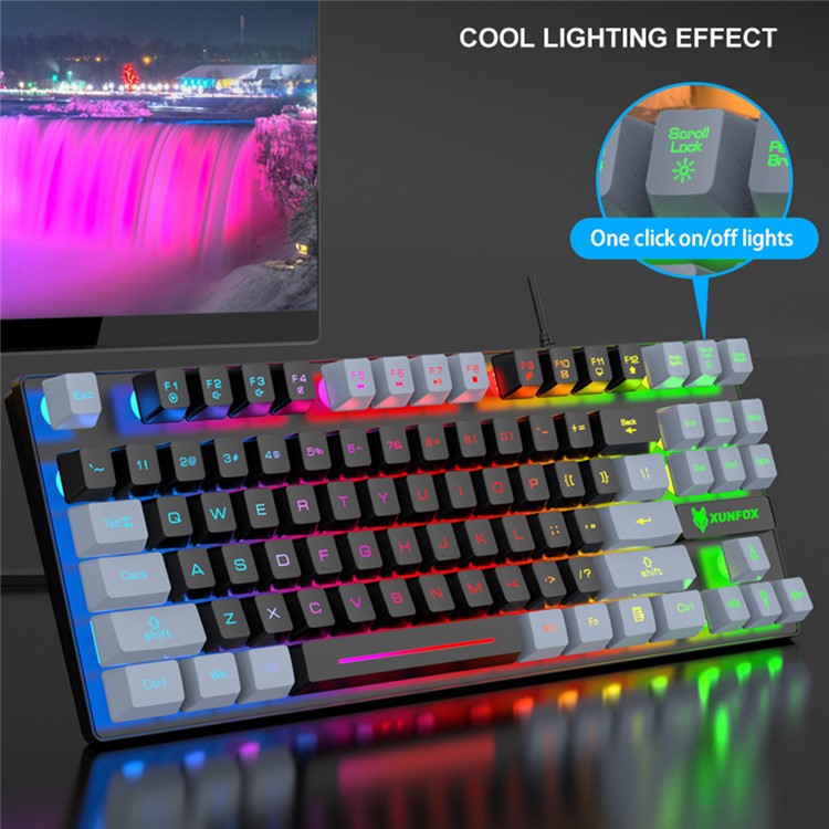XUNFOX K10 USB Wired Mechanical Hand-Feel Keyboard 87 Keys Gamer Keyboard with Colorful Backlight - Grey / Black
