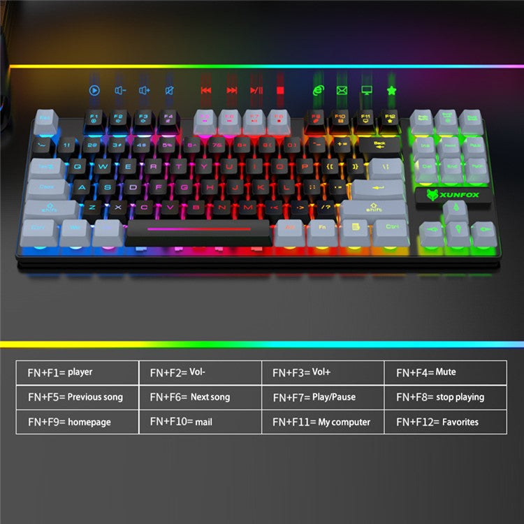 XUNFOX K10 USB Wired Mechanical Hand-Feel Keyboard 87 Keys Gamer Keyboard with Colorful Backlight - Grey / Black