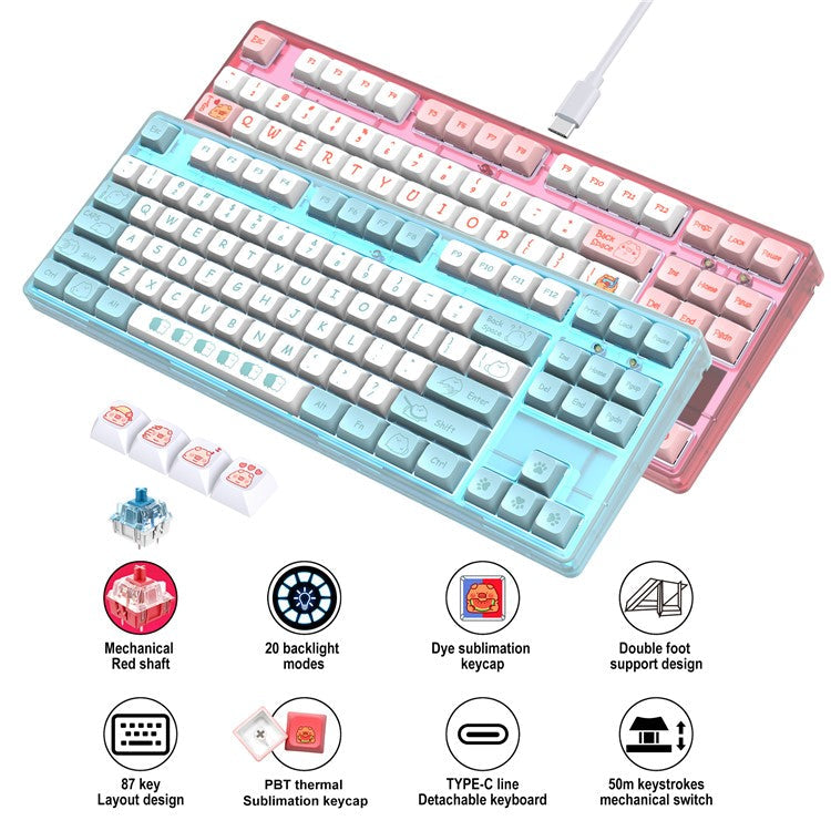 HXSJ L600 Cartoon Pattern 87-Key Mechanical Keyboard Ergonomic Wired Gaming Keyboard - Pink