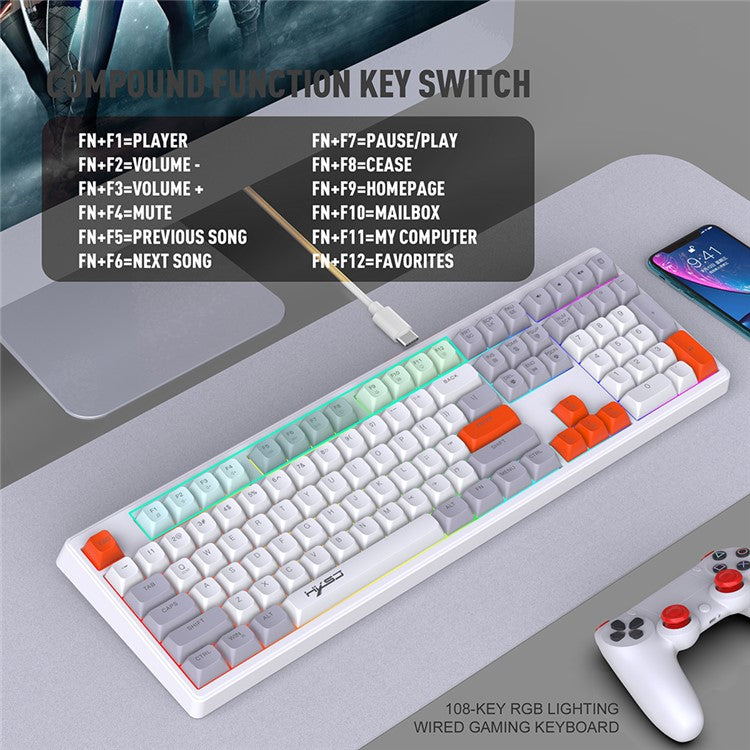 HXSJ V300 Mechanical Gaming Keyboard 108 Keys RGB Streamer Adjustable Backlit Wired Keyboard - Grey+White+Orange