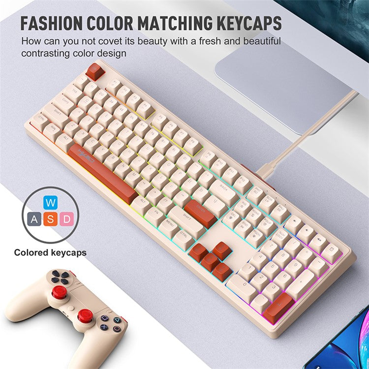 HXSJ V300 Mechanical Gaming Keyboard 108 Keys RGB Streamer Adjustable Backlit Wired Keyboard - Milk Tea Color