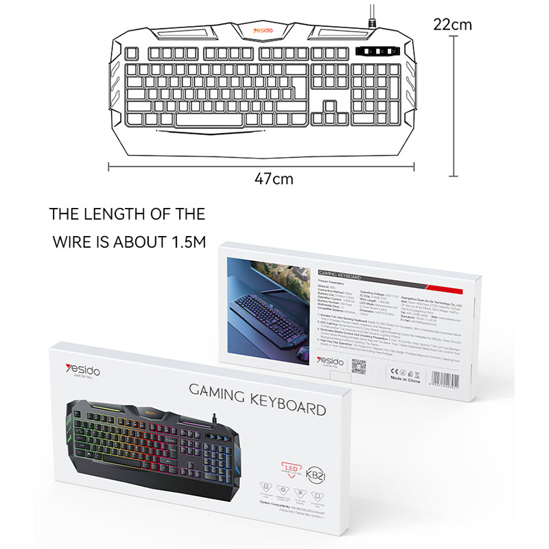YESIDO KB21 1.5m USB Wired Keyboard 104-key Gaming Keyboard with Breathing Light