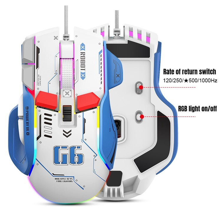 HXSJ G6 12800DPI 10 Buttons USB Wired Computer Laptop Mice Macro Programming Gaming Mouse with RGB Light - White